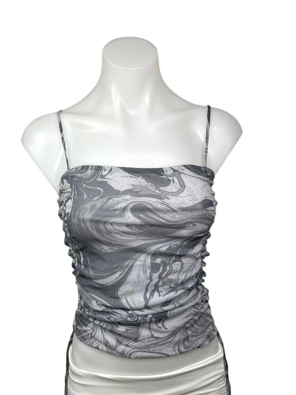Gray Marble Ruched Cowl Neck Spaghetti Strap Top